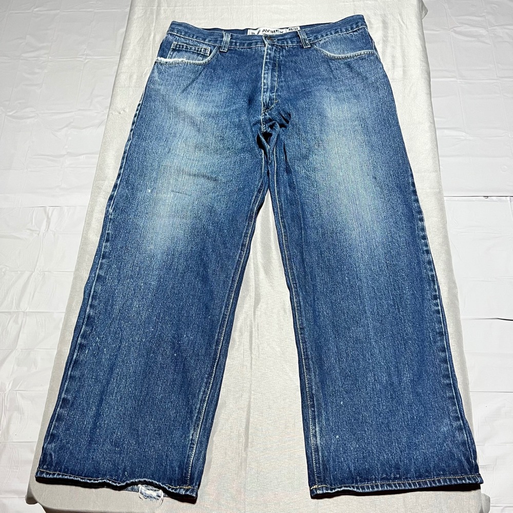 Avirex Mens Relaxed Wide Leg Embroidered Blue Denim Jeans 40x32 Medium Wash
